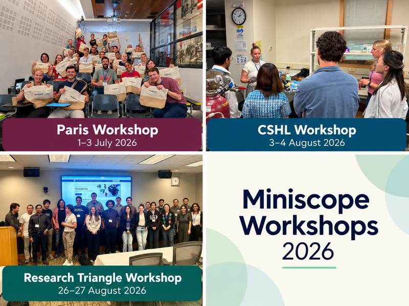 Photos from the 2026 Paris, Cold Spring Harbor, and Research Triangle Miniscope workshops.