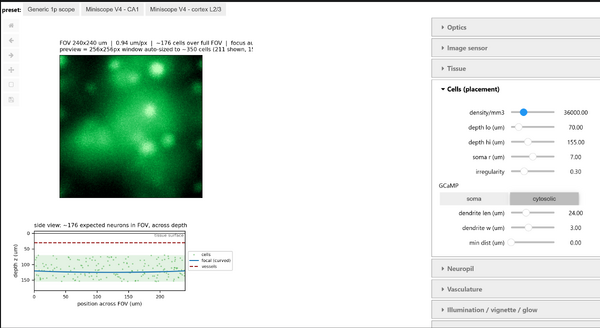 The loop. minisim builds a recording forward from known cells and physics (the ground truth); Minian analyzes the recording back into estimated cells; comparing the two scores the recovery. A pipeline and parameters validated this way are then applied to real recordings, where no ground truth exists.