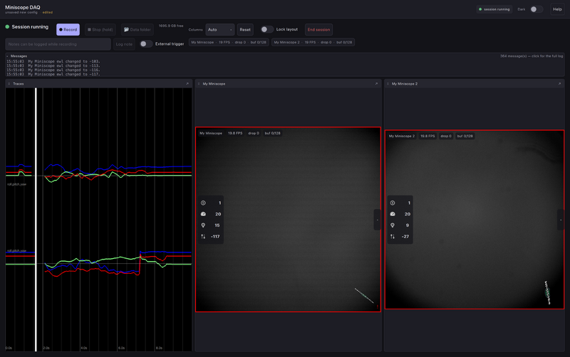 The Miniscope DAQ Software v2.0 Acquire view, with live Miniscope and behavior camera streams side by side.
